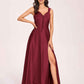 Satin V-neck A-line Prom Dresses Side slit Floor Length