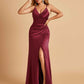 Sexy Satin Sheath Prom Dresses Spaghetti Straps V-neck Side Slit Pleats Floor Length