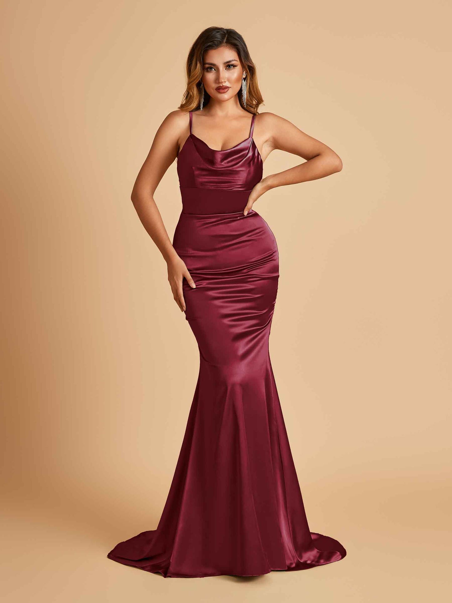 Satin Mermaid Open Back Bridesmaid Dresses Spaghetti Straps Scoop Floor Length