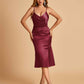Sexy Satin Midi Mermaid Bridesmaid Dresses Spaghetti Straps Slip Side Slit