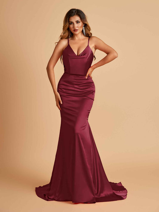 Sexy Satin Mermaid Bridesmaid Dresses Spaghetti Straps V-neck Pleats Floor Length