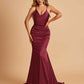 Sexy Satin Mermaid Prom Dresses Spaghetti Straps V-neck Pleats Floor Length
