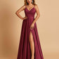 Satin A-line Long Prom Dresses Spaghetti Straps V-neck Side Slit Floor Length