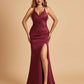 Sexy Satin Mermaid Long Prom Dresses Spaghetti Straps Sweetheart Side Slit Criss-cross Back
