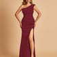 Satin One-shoulder Bridesmaid Dresses Mermaid Side Slit Sleeveless Floor Length