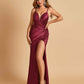 Sexy Satin Spaghetti Straps Prom Dresses V-neck Side Slit Pleats Floor Length Sheath