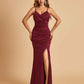 Sexy Satin Mermaid Bridesmaid Dresses Spaghetti Straps V-neck Side Slit Floor Length