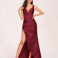 Satin Spaghetti Straps Corset Bridesmaid Dresses Pleats Side-Slit Sheath Floor Length