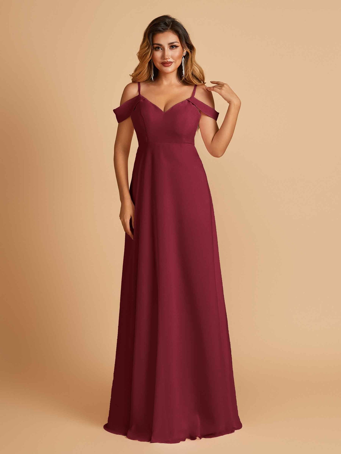 Chiffon Off-shoulder Long Bridesmaid Dresses V-neck Floor Length A-line For Sale