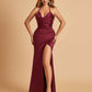 Sexy Satin Halter Straps Sheath Prom Dresses Side Slit Pleats Floor Length