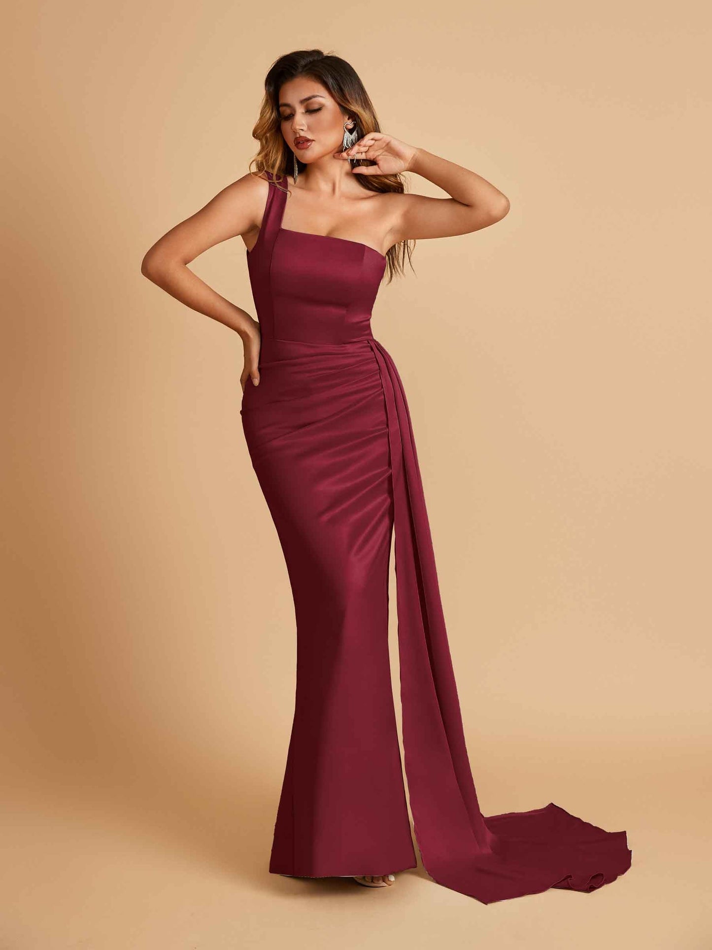 Sexy Satin One Shoulder Mermaid Prom Dresses Pleats Floor Length