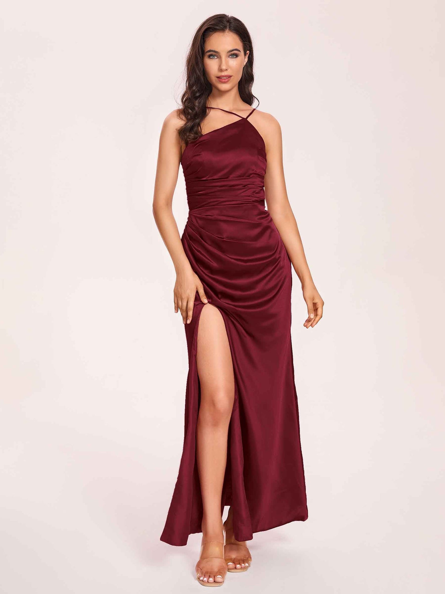 Satin Halter Pleats Sheath Prom Dresses Side-Slit Floor Length Sleeveless