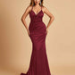 Satin Mermaid Open-back Prom Dresses Spaghetti Straps V-neck With Pleats Floor Length