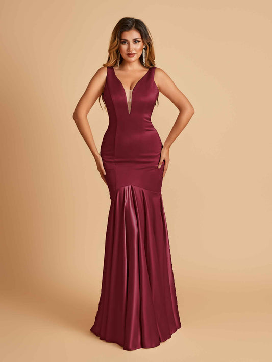 Satin Deep V-neck Mermaid Bridesmaid Dresses Half Open Back Floor Length