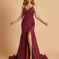 Sexy Satin Mermaid Open Back Prom Dresses Spaghetti Straps V-neck Side Slit