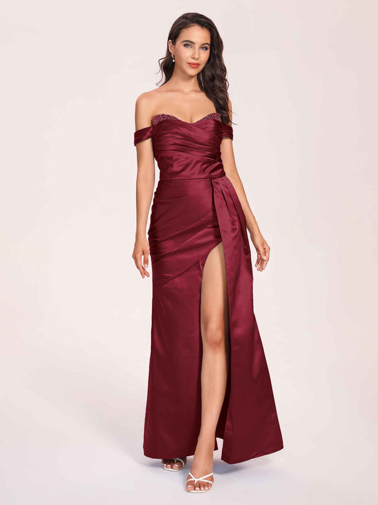 Elegant Satin Off Shoulder Bridesmaid Dresses Side-slit Sweetheart Floor Length Sheath
