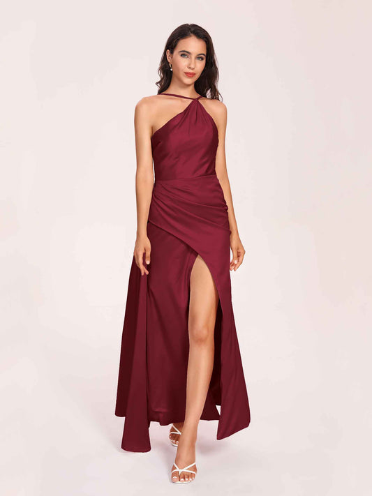 Sexy Satin Halter Strap Sheath Bridesmaid Dresses Side Slit Pleats Floor Length