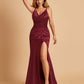 Sexy Satin Mermaid Prom Dresses Spaghetti Straps V-neck Side Slit Half Open Back