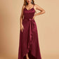 Satin Asymmetric V-neck Bridesmaid Dresses Sleeveless Side Slit A-line Unique For Sale