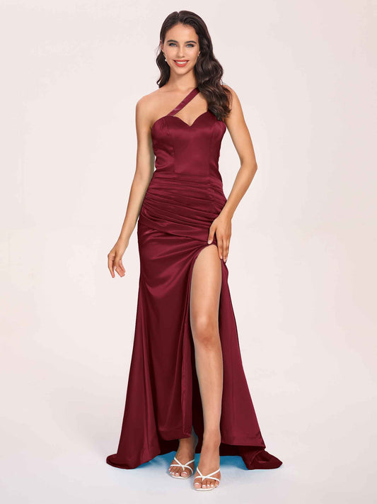 Sexy Satin One-shoulder Bridesmaid Dresses Side Slit Sheath Floor Length Long