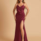 Sexy Satin Sheath Prom Dresses Spaghetti Straps V-neck Side Slit Floor Length