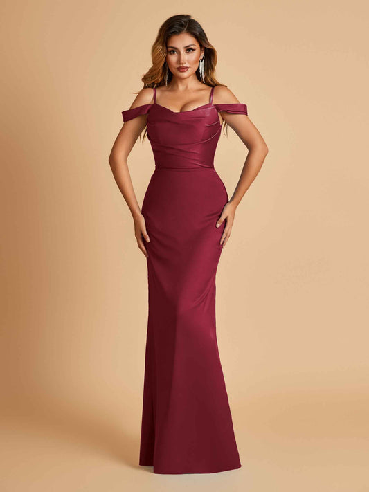 Sexy Off Shoulder Mermaid Long Bridesmaid Dresses Satin Spaghetti Straps Floor Length