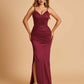 Satin Mermaid Long Prom Dresses Spaghetti Straps V-neck Side Slit Floor Length