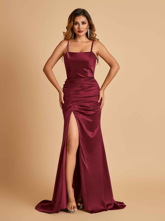 Sexy Satin Spaghetti Straps Bridesmaid Dresses Open Back Mermaid Floor Length Unique