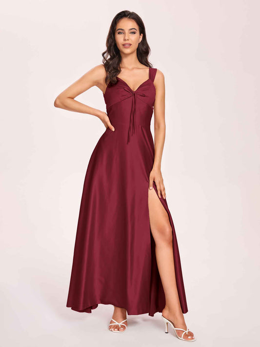 Satin V-neck A-line Bridesmaid Dresses Side slit Floor Length