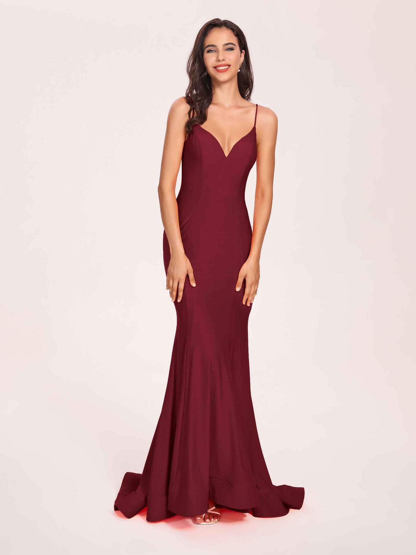 Sexy Satin Mermaid Prom Dresses Spaghetti Straps V-neck Floor Length Lace-up Back