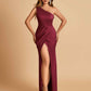Satin One-shoulder Bridesmaid Dresses Sheath Side Slit Sleeveless Floor Length