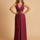 Sexy Satin Deep V-neck Long Bridesmaid Dresses A-line Pleats Sleeveless Floor Length