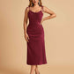 Sexy Satin Midi Bridesmaid Dresses Spaghetti Straps Slip Scoop Side Slit