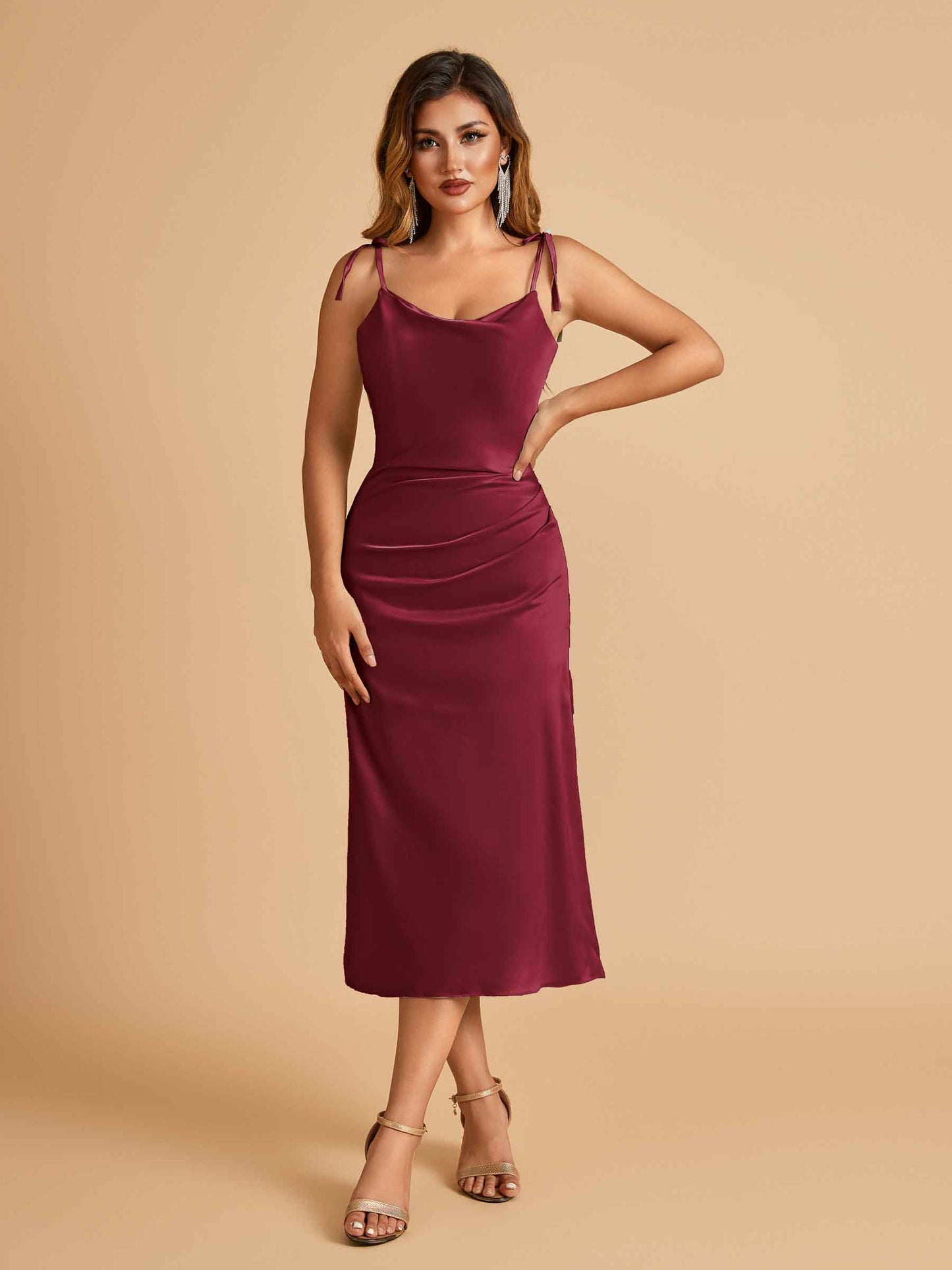 Sexy Satin Midi Bridesmaid Dresses Spaghetti Straps Slip Scoop Side Slit