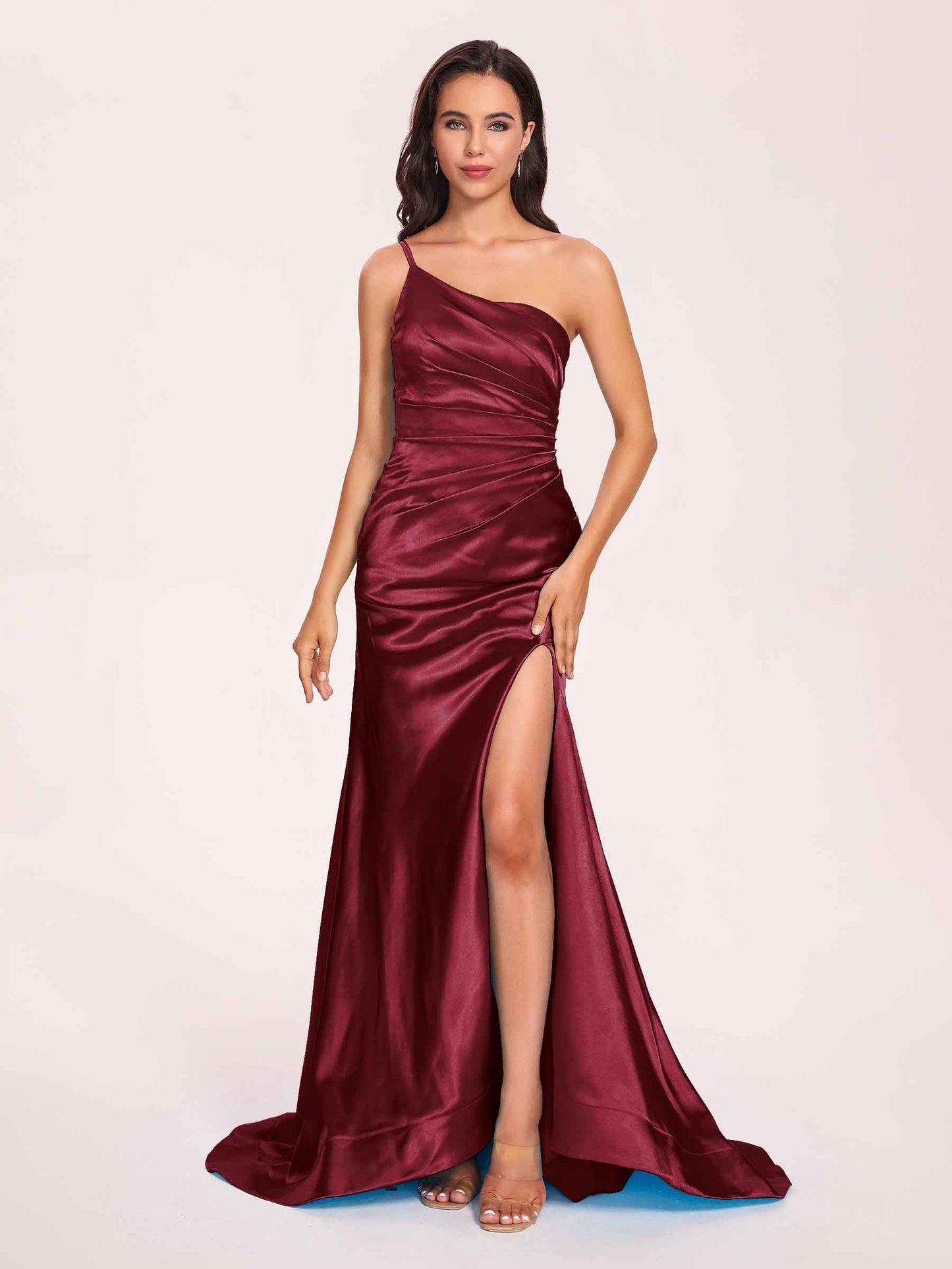 Satin One-shoulder Mermaid Prom Dresses Side Slit Pleats Floor Length
