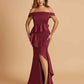Satin Mermaid Off Shoulder Bridesmaid Dresses With Ruffles Side Slit Floor Length