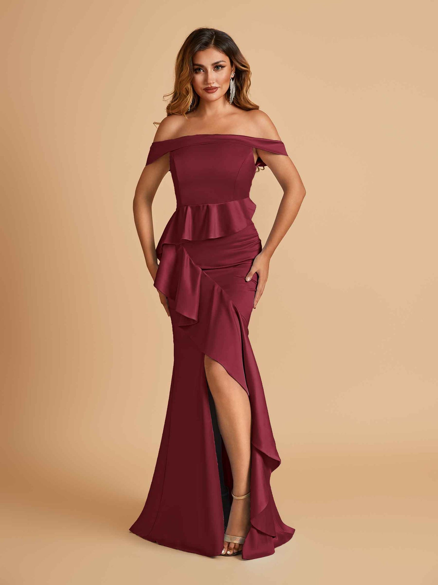 Satin Mermaid Off Shoulder Bridesmaid Dresses With Ruffles Side Slit Floor Length