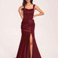 Sexy Satin Square Mermaid Bridesmaid Dresses Pleats Side-Slit Floor-Length Sleeveless