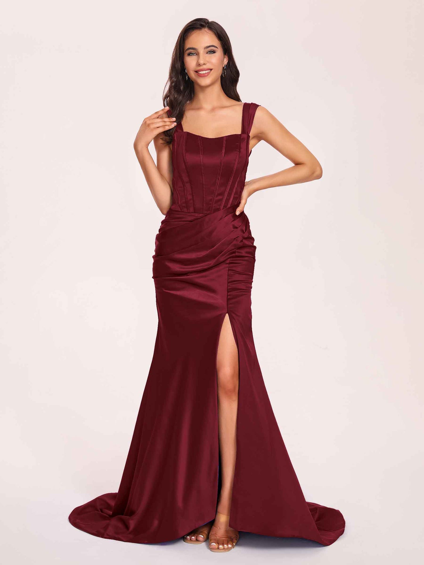 Sexy Satin Square Mermaid Bridesmaid Dresses Pleats Side-Slit Floor-Length Sleeveless