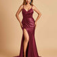 Satin Mermaid V-neck Bridesmaid Dresses Spaghetti Straps Side Slit Floor Length