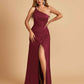 Satin One Shoulder Sheath Prom Dresses Spaghetti Straps Side Slit Floor Length