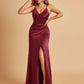 Sexy Satin Sheath Bridesmaid Dresses Spaghetti Straps V-neck Side Slit Pleats Floor Length