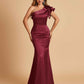 Satin One-shoulder Bridesmaid Dresses Ruffle Sleeves Mermaid Floor Length For Sale