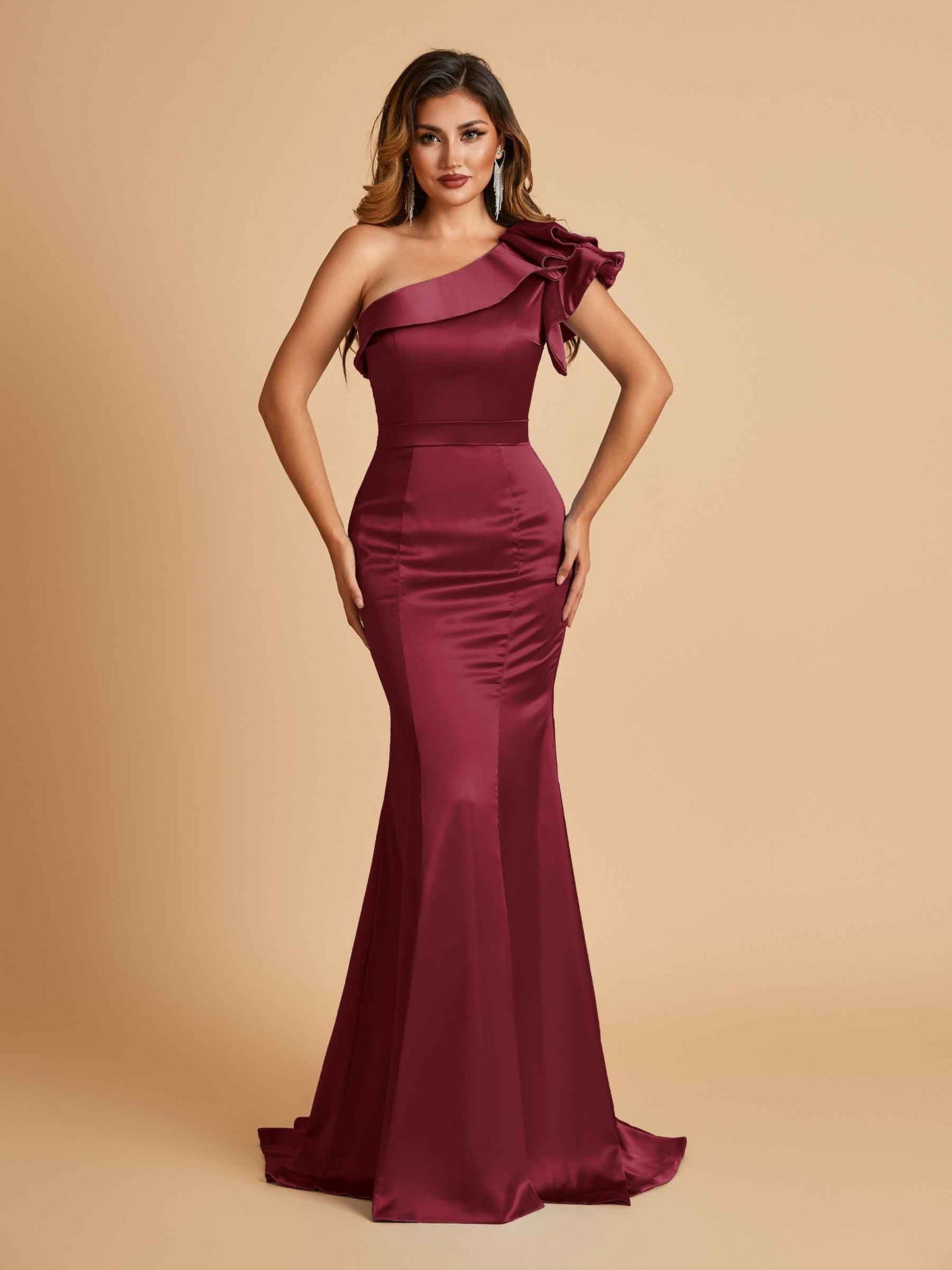 Satin One-shoulder Bridesmaid Dresses Ruffle Sleeves Mermaid Floor Length For Sale
