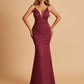 Satin Deep V-neck Mermaid Prom Dresses Open Back Floor Length