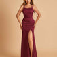 Satin Mermaid Long Bridesmaid Dresses Spaghetti Straps Scoop Side Slit Criss-cross Back