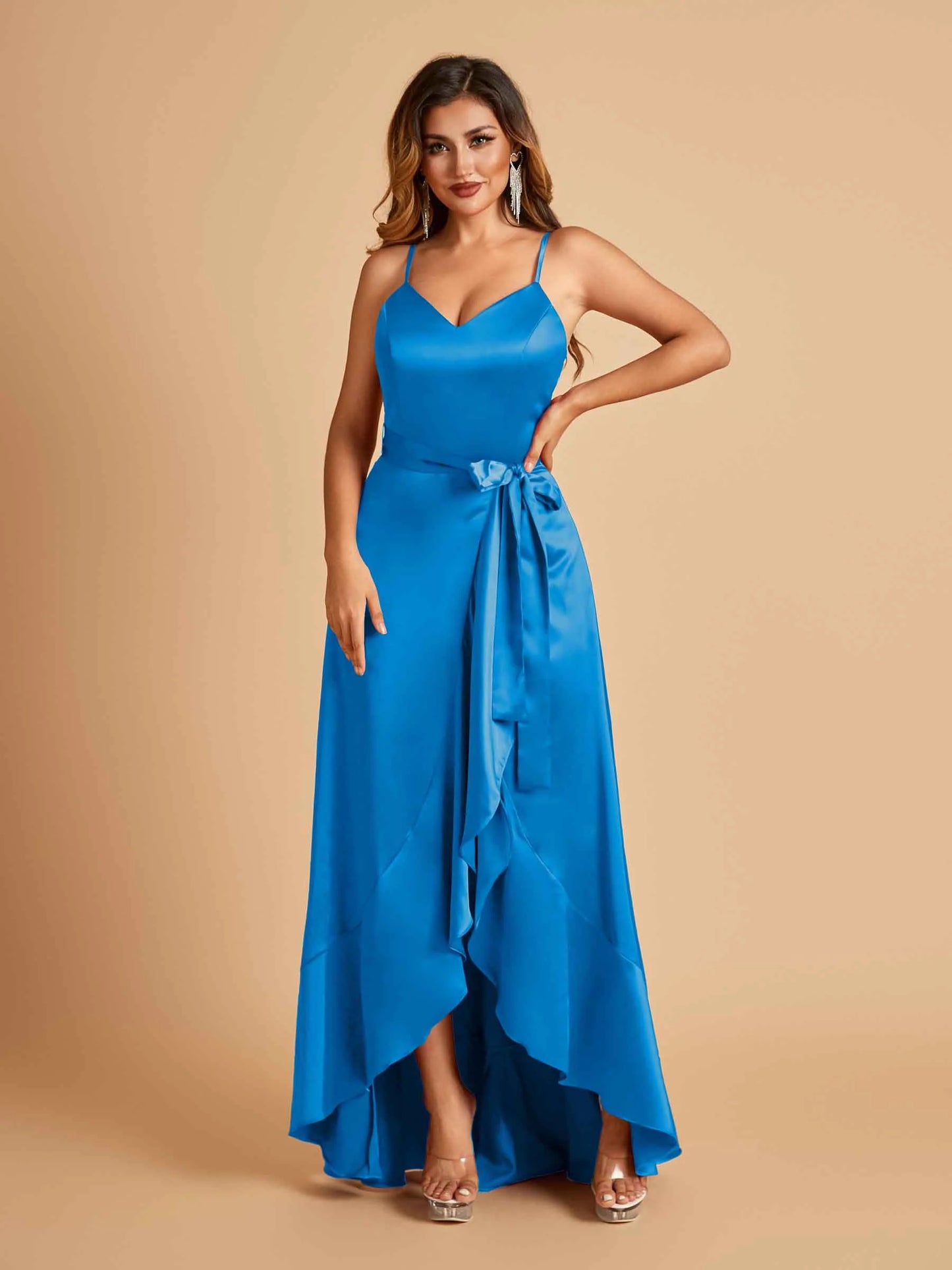 Satin Asymmetric V-neck Bridesmaid Dresses Sleeveless Side Slit A-line Unique For Sale