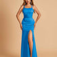 Satin Mermaid Long Prom Dresses Spaghetti Straps Scoop Side Slit Criss-cross Back