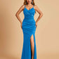 Sexy Satin Mermaid Bridesmaid Dresses Spaghetti Straps V-neck Side Slit Floor Length
