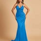 Satin Mermaid Open-back Prom Dresses Spaghetti Straps V-neck With Pleats Floor Length
